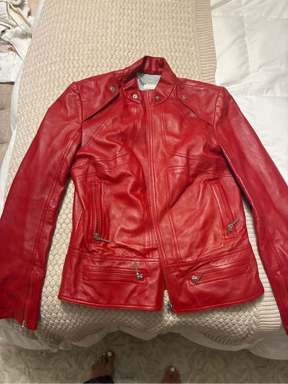 MNG Women’s Red Biker leather Jacket Zip Closure Lined Long Sleeve size L